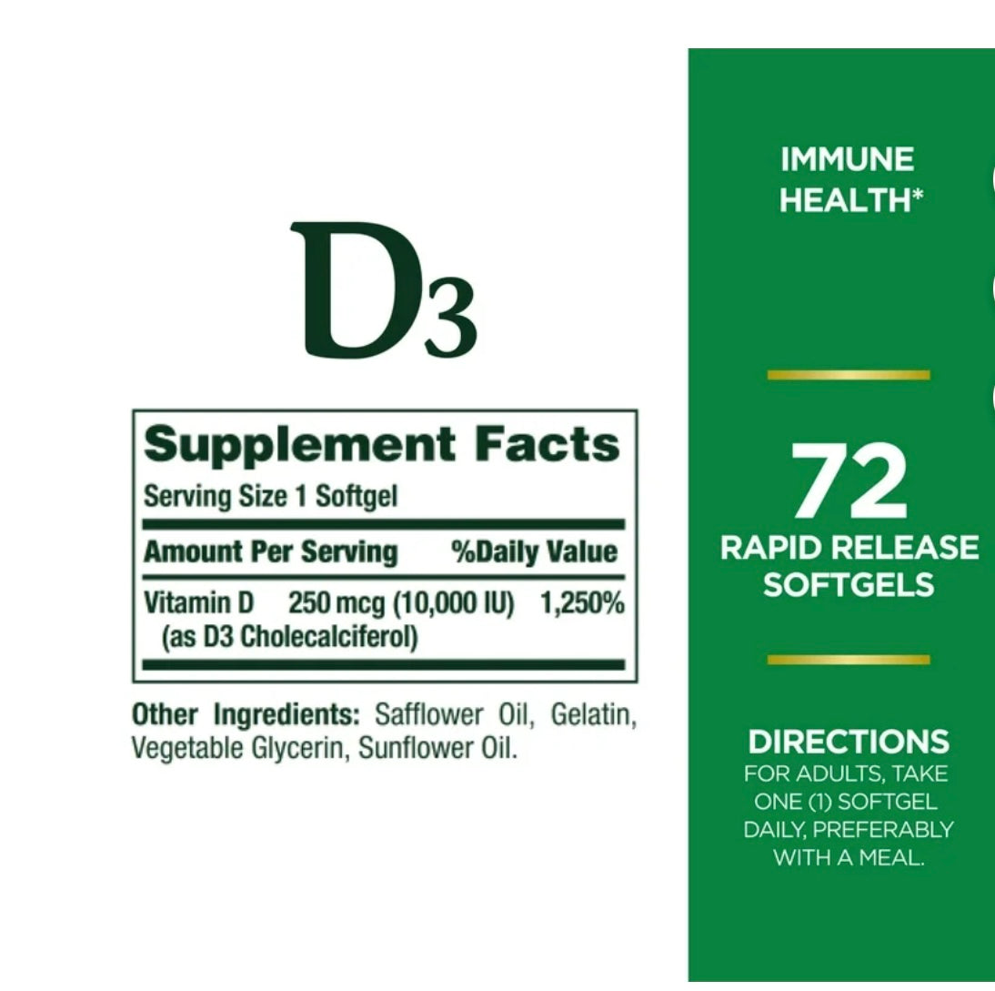 Nature's Bounty Vitamin D3, Immune Health, 10,000 IU, Softgels, 72 Ct