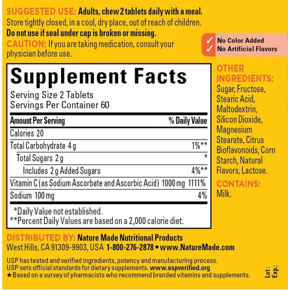 Nature Made Extra Strength Dosage Chewable Vitamin C 1000 mg (120 Count). Expires 09/2026