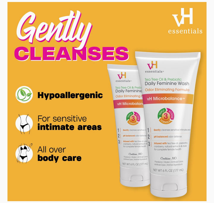 vH essentials, Ph Balanced Daily Feminine Wash, Tea Tree Oil & Prebiotic.