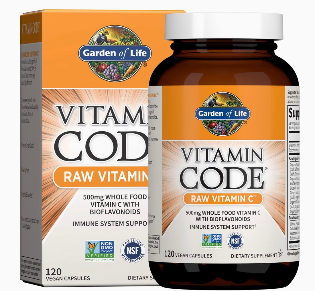 Garden of Life Raw Vitamin Code Vitamin C, 120 Vegan Capsules, 500mg Whole Food Vitamin C Supplements with Bioflavonoids, Fruits & Veggies, Probiotics, Gluten Free for Adults