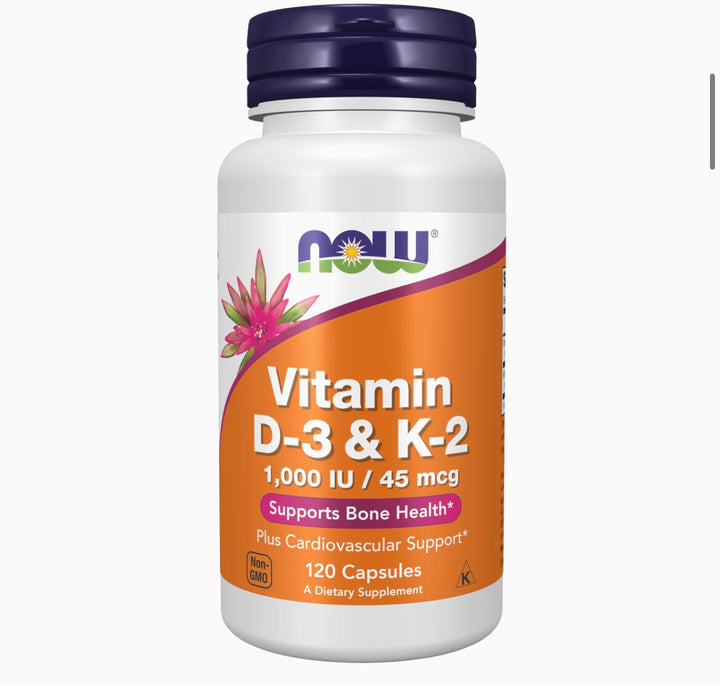 NOW Vitamin D-3 & K-2, 1,000 IU/45 mcg,Plus Cardiovascular Support*, Supports Bone Health*, 120 veg Capsules