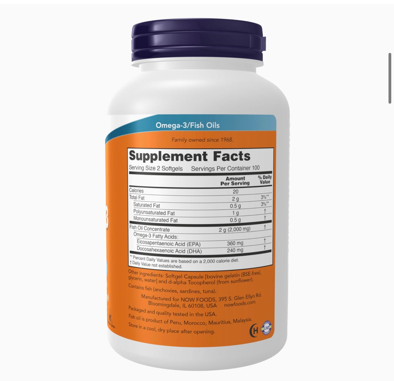 NOW Omega-3 Fish Oil (200 Softgels). Expires 07/2028