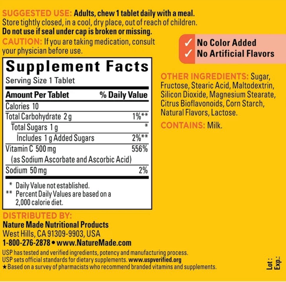 Nature Made Chewable Vitamin C 500 mg Tablets, Dietary Supplement, 70 Count. Expires 07/26