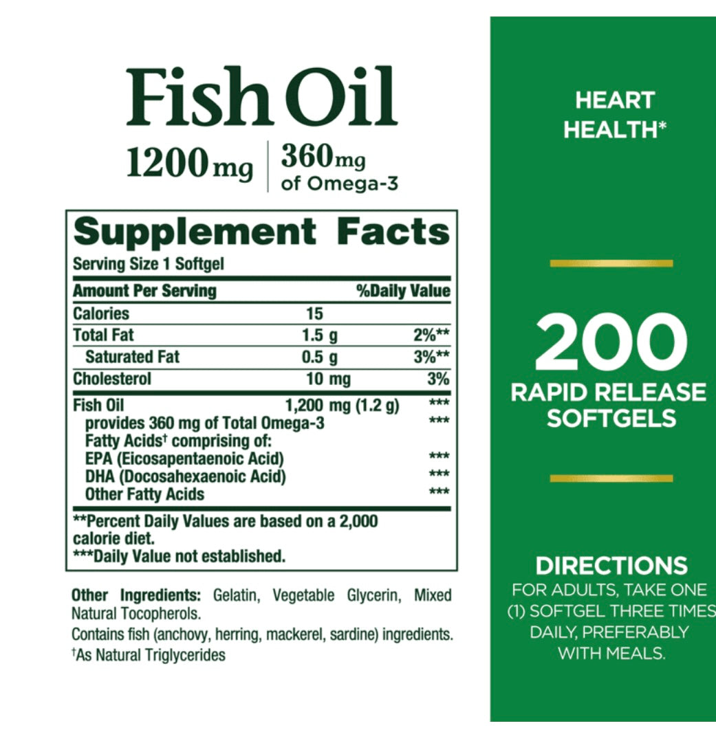 Nature's Bounty Fish Oil 1,200 mg 200 Softgels. Expires 09/2028