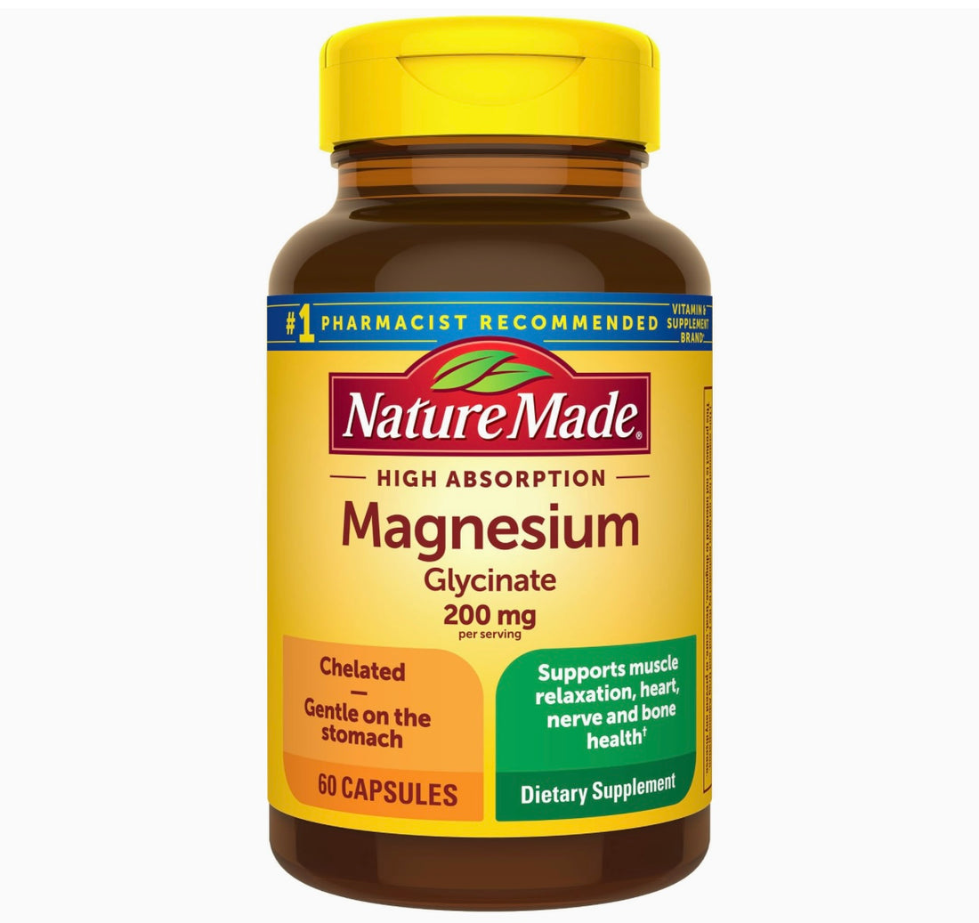 Nature Made Magnesium Glycinate 200 mg per Serving, Magnesium Supplement for Muscle, Heart, Nerve and Bone Support, 60 Magnesium Bisglycinate Capsules, 30 Day Supply