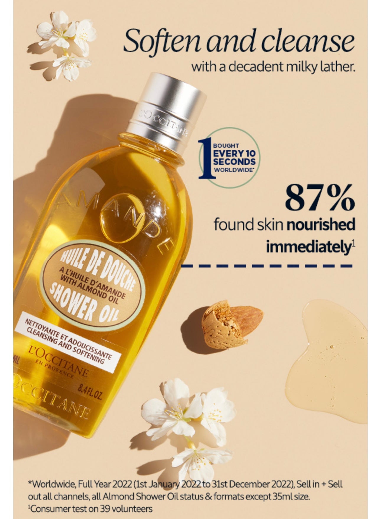 L'OCCITANE Cleansing & Softening Almond Shower Oil, Body Wash 250ml