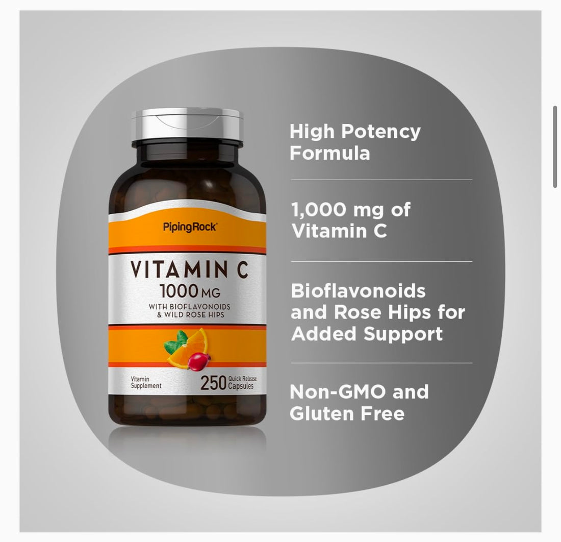 Piping Rock Vitamin C 1000mg | 250 Capsules | with Bioflavonoids and Rose HIPS | Non-GMO, Gluten Free Supplement