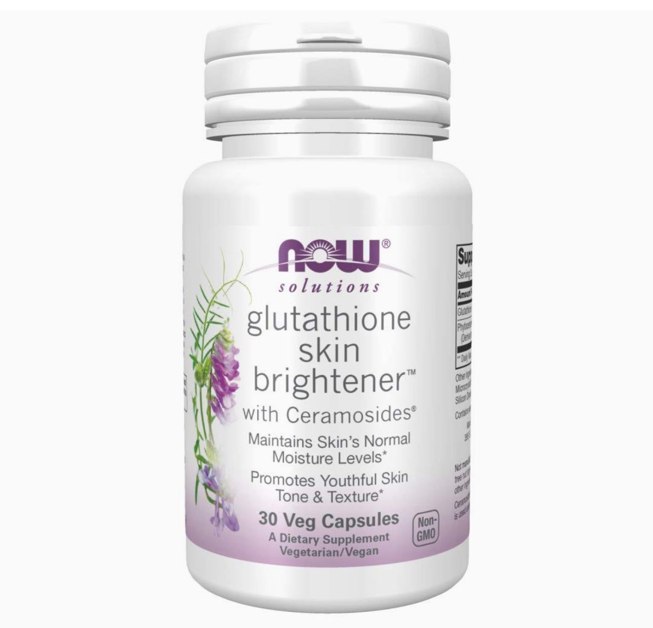 NOW Glutathione Skin Brightener with Ceramosides®, 30 Veg Capsules. Expires 08/26