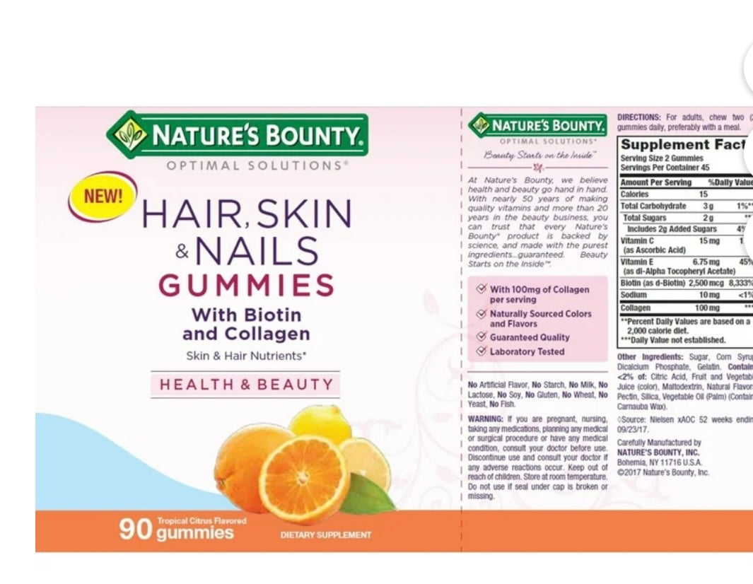 Nature’s Bounty Hair, Skin & Nails 90 gummies.  Expires 07/27