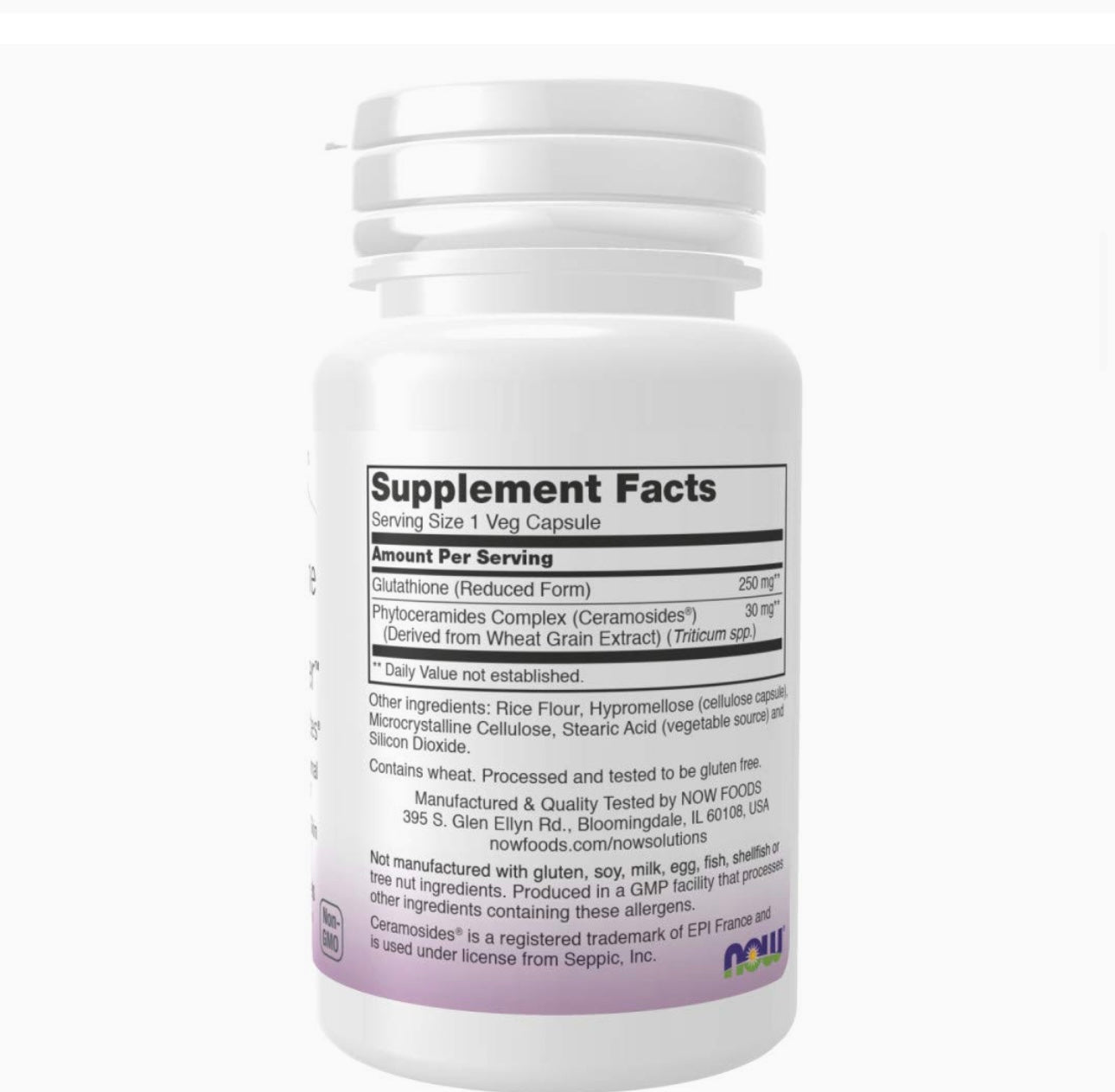 NOW Glutathione Skin Brightener with Ceramosides®, 30 Veg Capsules. Expires 08/26