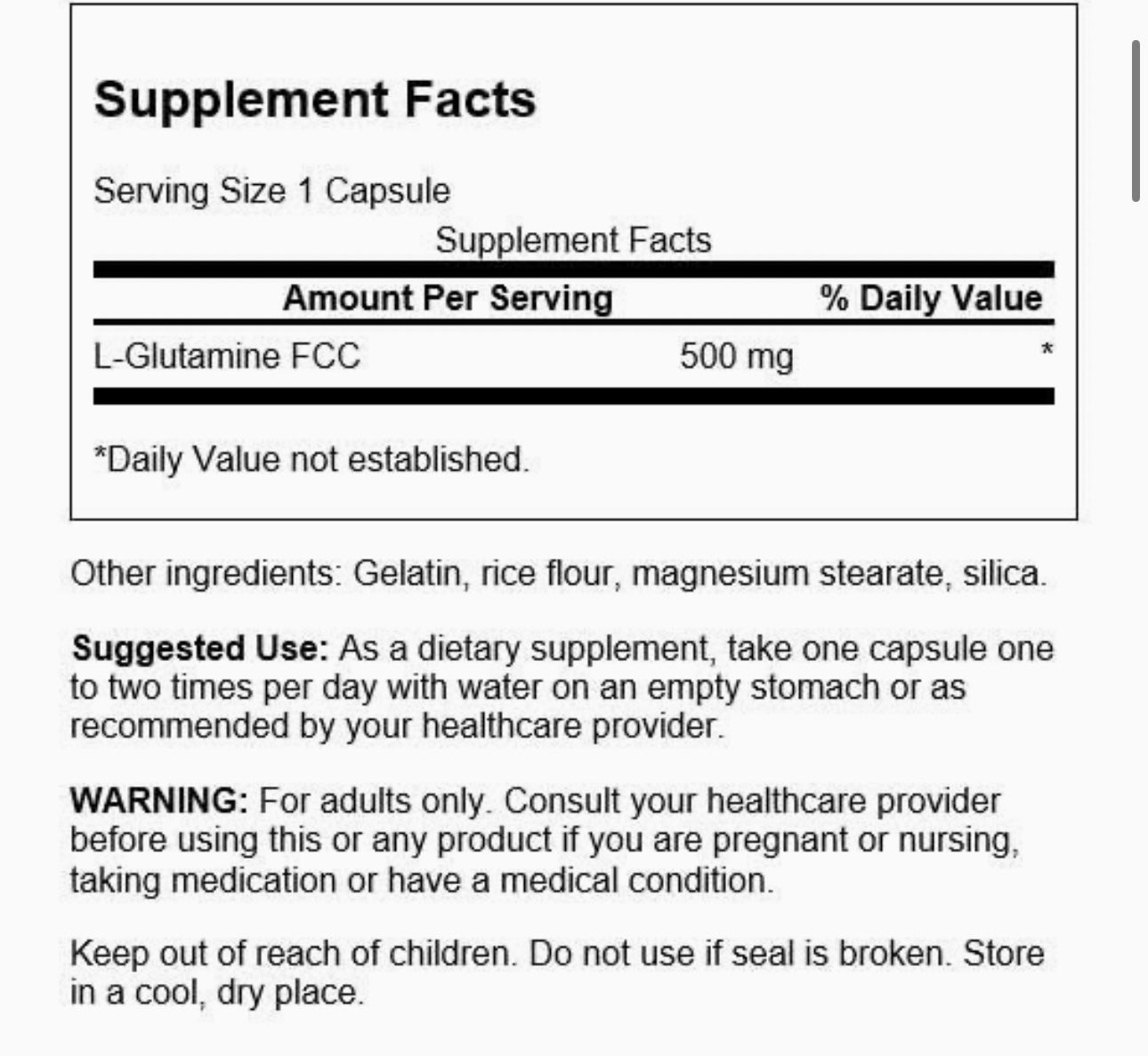 Swanson Amino Acid L-Glutamine 500 Milligrams 100 Capsules. Expires 06/26