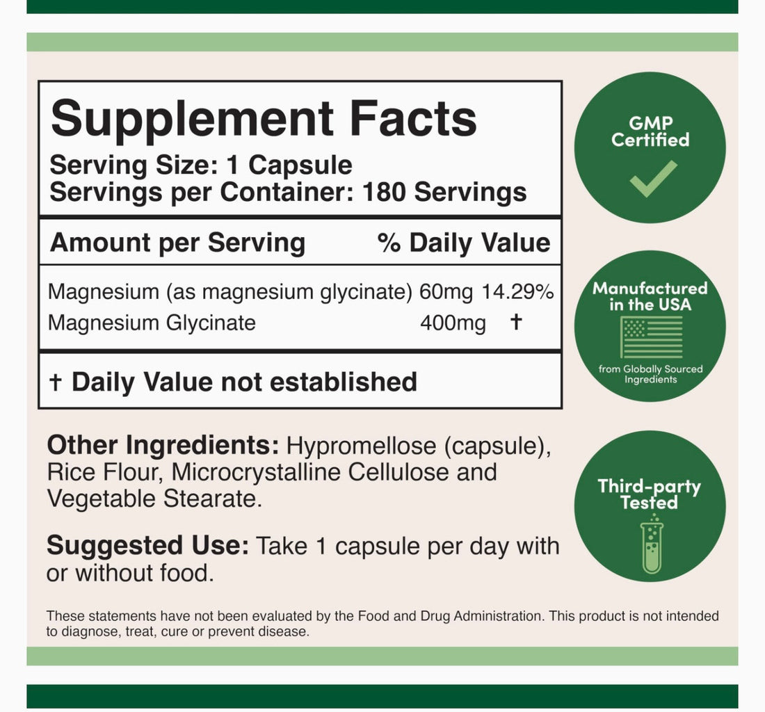 Double Wood Magnesium Glycinate 400mg, 180 Capsules