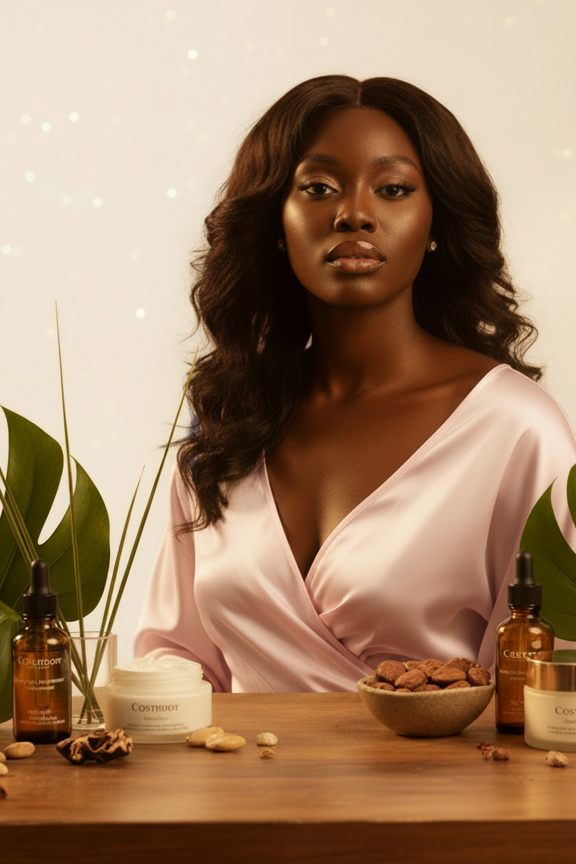Woman in a white robe with skincare products on a table