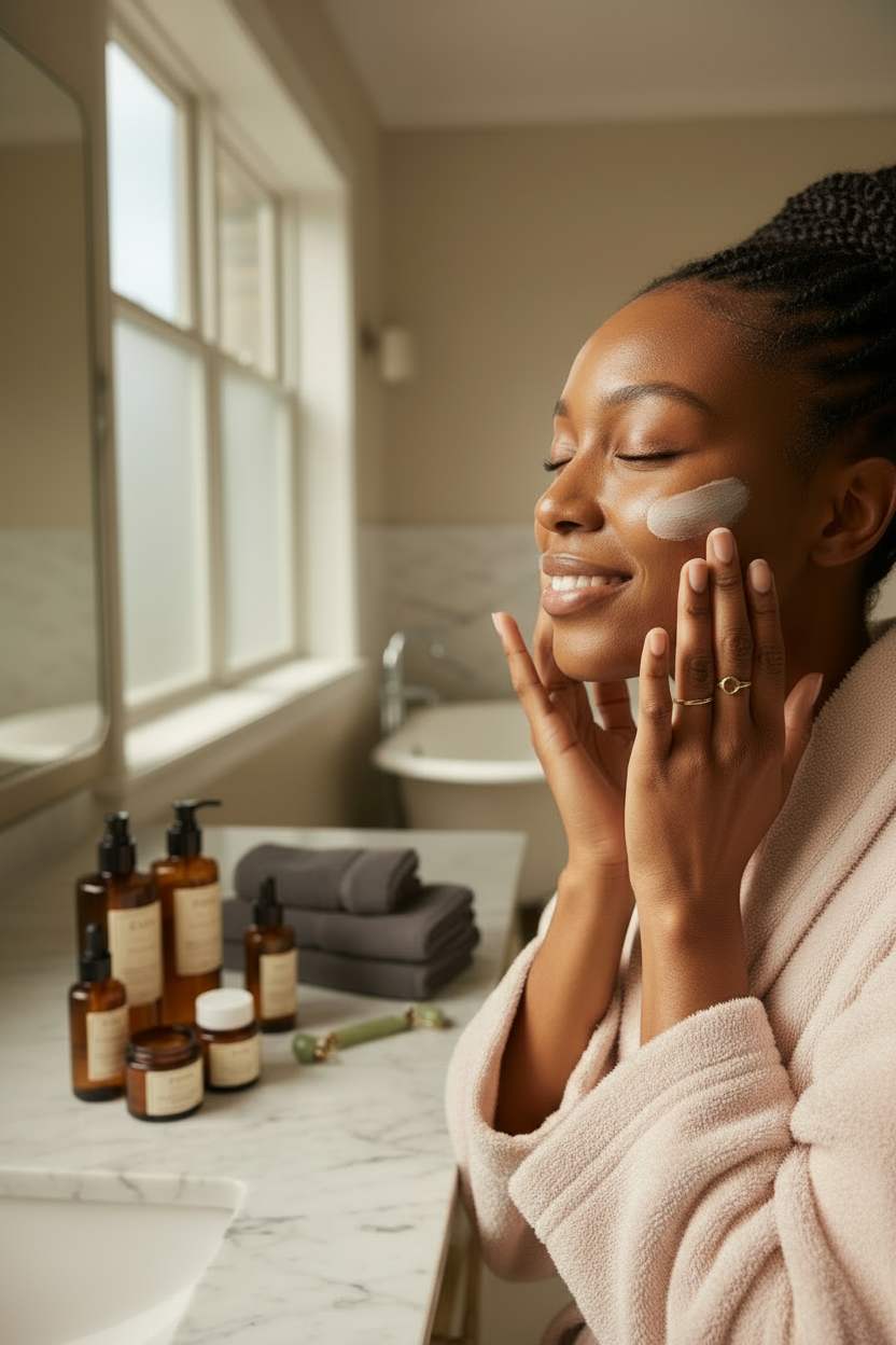 Woman applying cream to her face in a bathroom with skincare products on the counter.